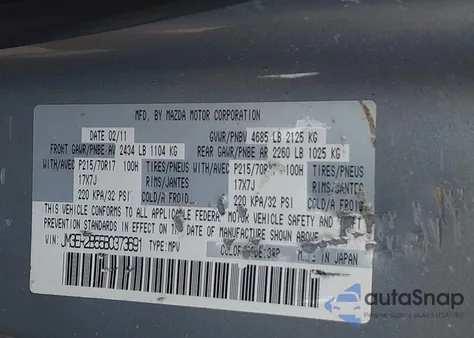 2011 Mazda Cx-7 I Sport from USA, damaged, VIN JM3ER2B55B0373691